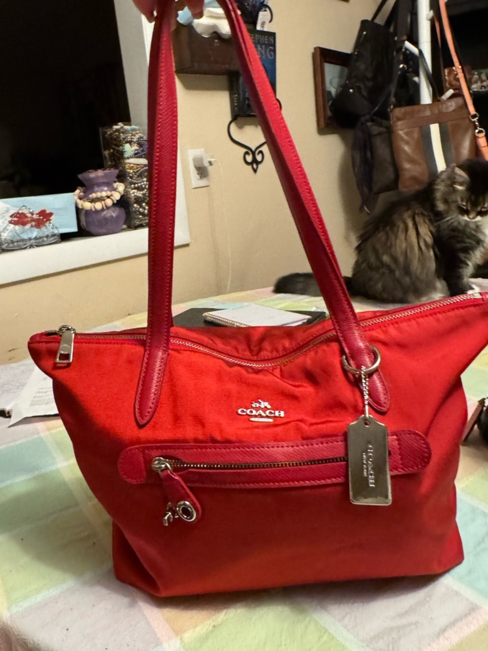 Coach Red Nylon Tote with Leather Handles and Zip Pocket